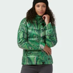 Buy 😉 Stio Women's Hometown Down Hooded Jacket 🧨 -Stio Sales Shop W Hometown Down Hooded Jacket Verdant Marble Print 2